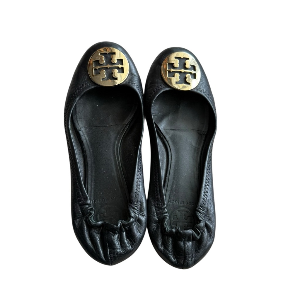 Tory Burch Minnie Travel Black Leather Flats with Gold Emblem